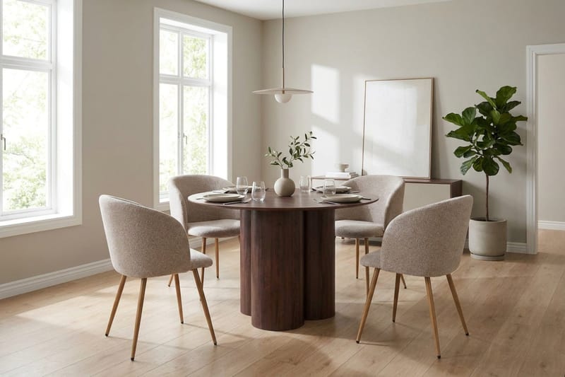 Juno Matgrupp runt 110 cm Valnöt med 4 Greya Matstolar - Valnöt - Möbler - Matplats - Matgrupp & matbord med stolar