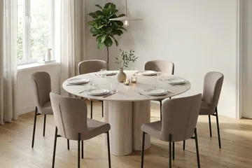 Juno Matgrupp runt 130 cm Vitlaserad med 6 Elsie Matstolar - Vitlaserad/Grå - Möbler - Matplats - Matgrupp & matbord med stolar