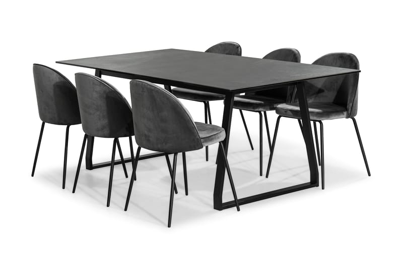 KIAS Matbord 200 Svart + 6 SANDRO Stol Sammet Grå/Svart - Matgrupp & matbord med stolar