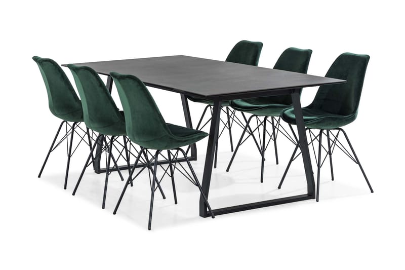 KIAS Matbord 200 Svart + 6 ZENIT Stol Sammet Grön - Matgrupp & matbord med stolar
