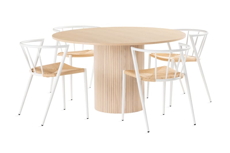 Kopparbo Bord 130 cm Rund Beige + 4 EWALD Stolar Vit - Möbler - Matplats - Matgrupp & matbord med stolar