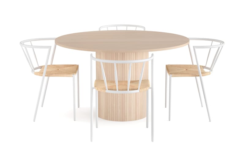 Kopparbo Bord 130 cm Rund Beige + 4 EWALD Stolar Vit - Möbler - Matplats - Matgrupp & matbord med stolar