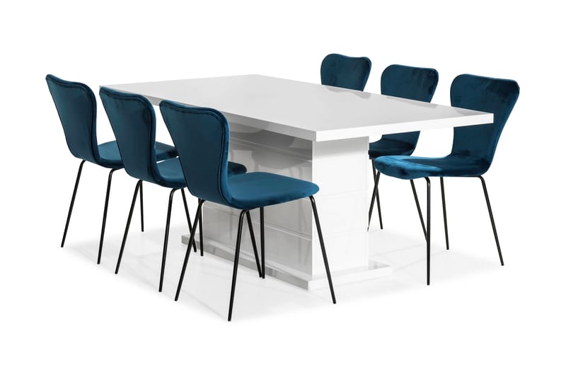 KULMBACH Bord 180 Vit + 6 MILVA Stol Sammet Blå - Matgrupp & matbord med stolar
