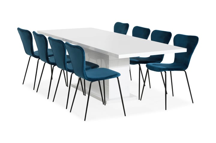 KULMBACH Bord 200 Vit + 8 MILVA Stol Sammet Blå - Matgrupp & matbord med stolar