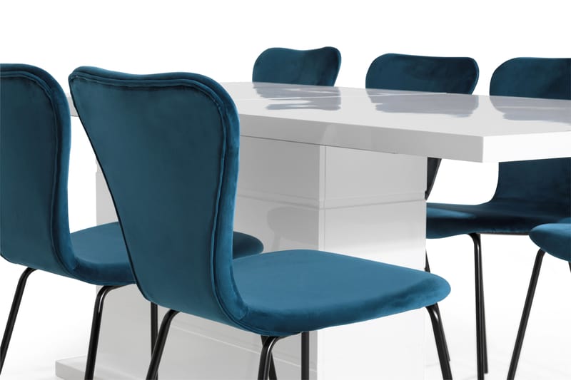 KULMBACH Bord 200 Vit + 8 MILVA Stol Sammet Blå - Matgrupp & matbord med stolar