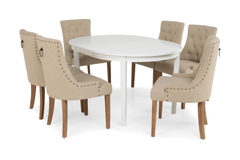 LEVIDE Bord 150/195 + 6 COLFAX Stol Beige/Natur - Möbler - Matplats - Matgrupp & matbord med stolar