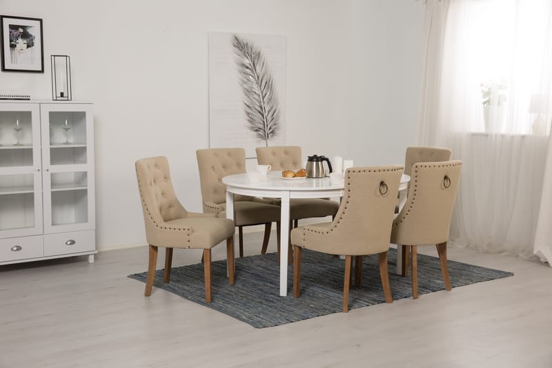 LEVIDE Bord 150/195 + 6 COLFAX Stol Beige/Natur - Möbler - Matplats - Matgrupp & matbord med stolar