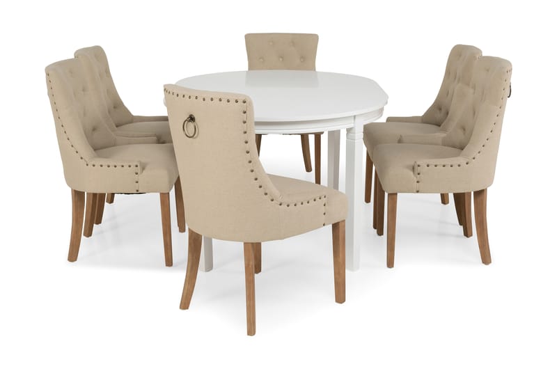 LEVIDE Bord 150/195 + 6 COLFAX Stol Beige/Natur - Matgrupp & matbord med stolar