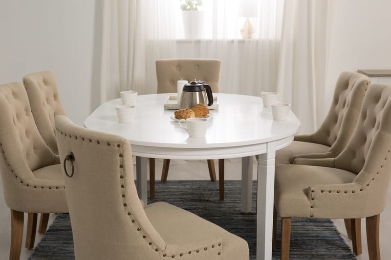 LEVIDE Bord 150/195 + 6 COLFAX Stol Beige/Natur - Möbler - Matplats - Matgrupp & matbord med stolar