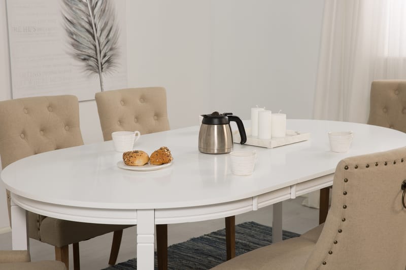 LEVIDE Bord 150/195 + 6 COLFAX Stol Beige/Natur - Möbler - Matplats - Matgrupp & matbord med stolar