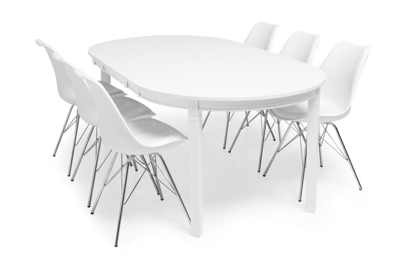 LEVIDE Bord 150/195 + 6 ZENIT Stol Vit/Krom - Möbler - Matplats - Matgrupp & matbord med stolar