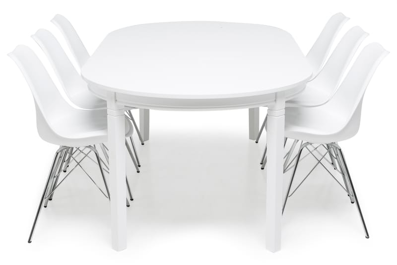 LEVIDE Bord 150/195 + 6 ZENIT Stol Vit/Krom - Möbler - Matplats - Matgrupp & matbord med stolar