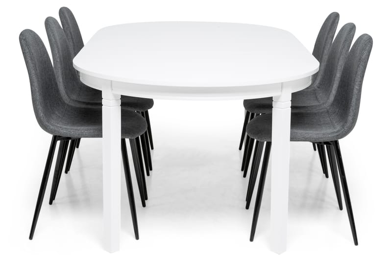 LEVIDE Bord 150/195 Vit + 6 NIKOLAS Stol Grå - Matgrupp & matbord med stolar