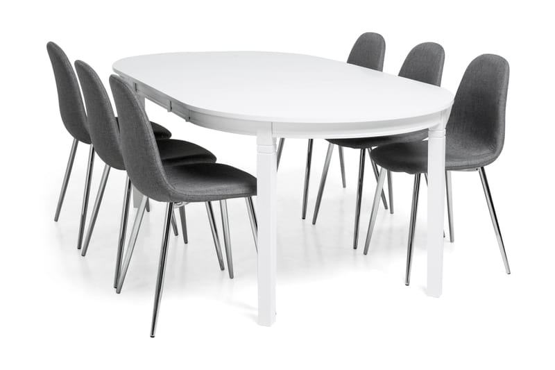 LEVIDE Bord 150/195 Vit + 6 NIKOLAS Stol Mörkgrå - Matgrupp & matbord med stolar