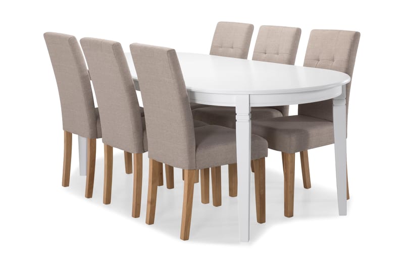 LEVIDE Bord + 6 STILO Stol Vit/Beige/Ek - Matgrupp & matbord med stolar