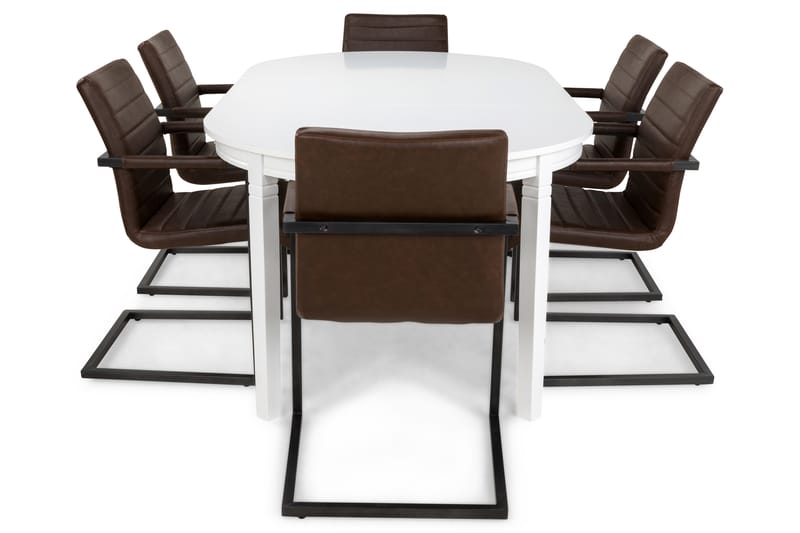 LEVIDE Bord Vit + 6 HENRY Stolar Vintage/Mörkbrun - Matgrupp & matbord med stolar