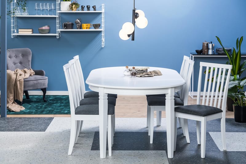 LEVIDE Förlängningsbart Bord 150 Oval Vit + 6 Stolar Vit/Grå - Matgrupp & matbord med stolar