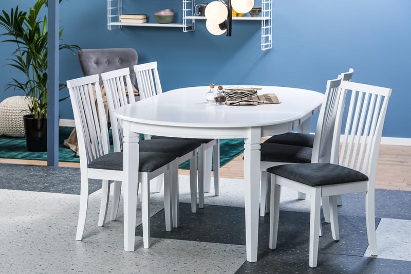 LEVIDE Förlängningsbart Bord 150 Oval Vit + 6 Stolar Vit/Grå - Matgrupp & matbord med stolar