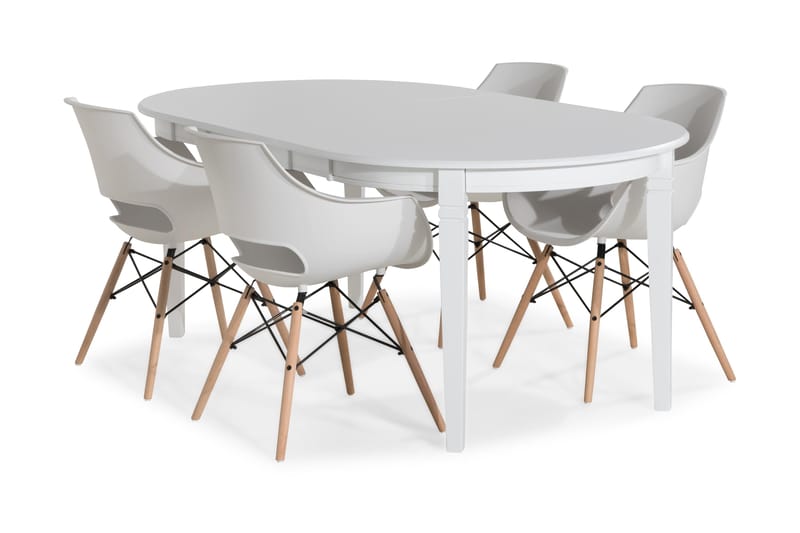 LEVIDE Förlängningsbart Matbord Vit + 4 MORONI Stol Vit/Ek - Matgrupp & matbord med stolar