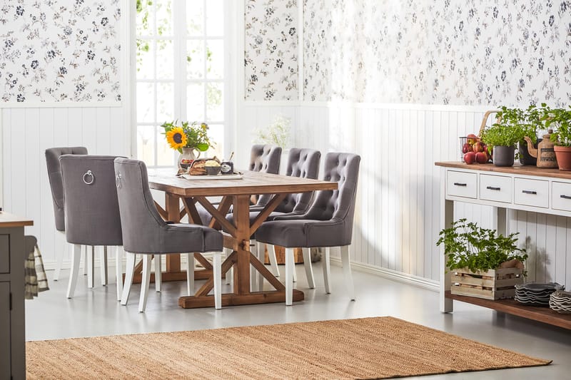 LIRE Förlängningsbart Bord 200 Natur + 6 COLFAX Stol Grå/Vit - Möbler - Matplats - Matgrupp & matbord med stolar