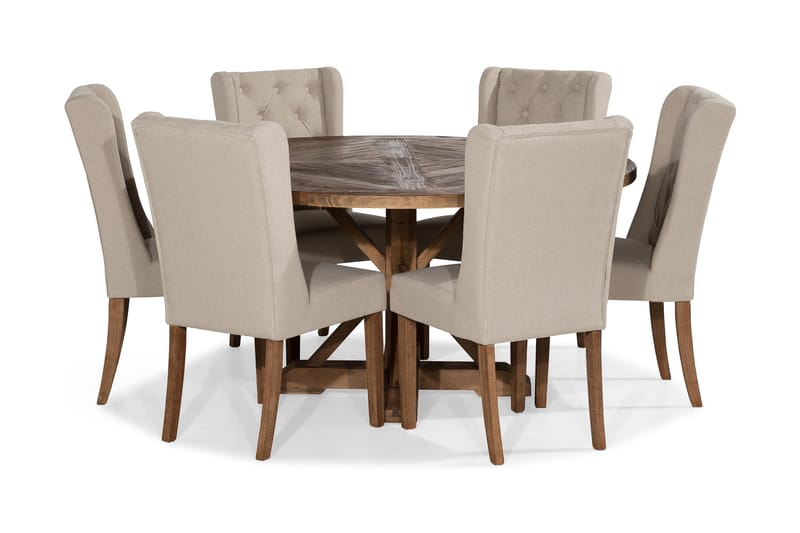 LIRE Matgrupp 150 Rund + 6 SELMA Stol Vintage Alm/Beige - Möbler - Matplats - Matgrupp & matbord med stolar