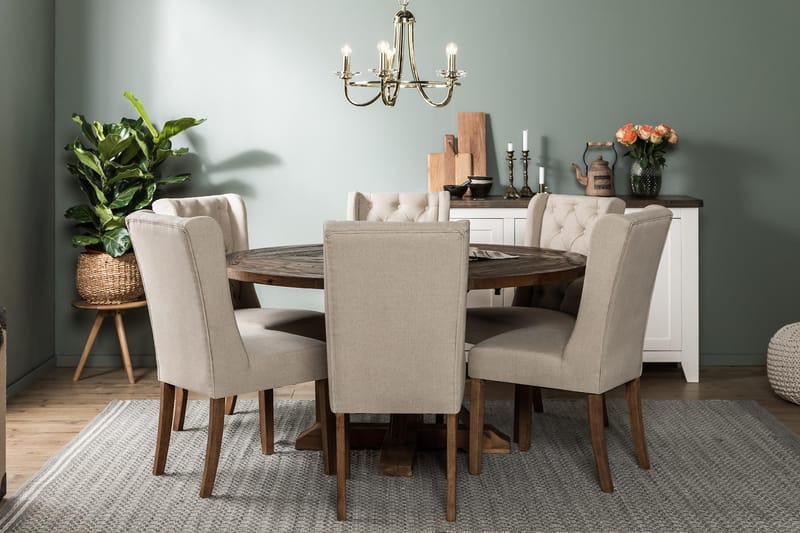 LIRE Matgrupp 150 Rund + 6 SELMA Stol Vintage Alm/Beige - Möbler - Matplats - Matgrupp & matbord med stolar