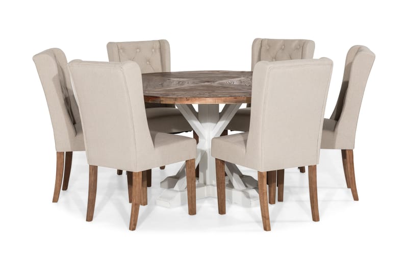 LIRE Matgrupp 150 Rund + 6 SELMA Stol Vintage Alm/Beige - Möbler - Matplats - Matgrupp & matbord med stolar