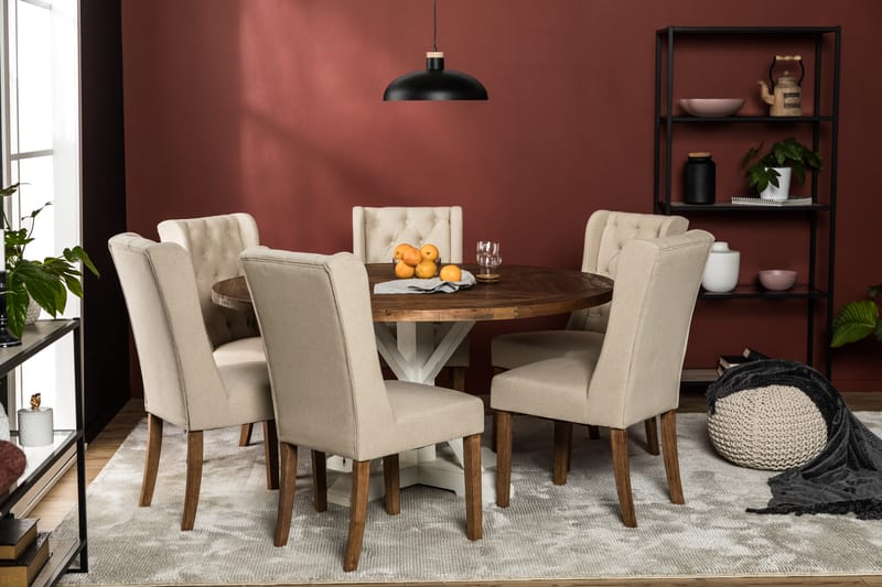 LIRE Matgrupp 150 Rund + 6 SELMA Stol Vintage Alm/Beige - Möbler - Matplats - Matgrupp & matbord med stolar