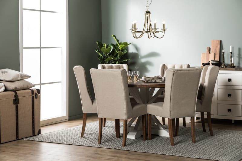 LIRE Matgrupp 150 Rund + 6 SELMA Stol Vintage Alm/Beige - Möbler - Matplats - Matgrupp & matbord med stolar