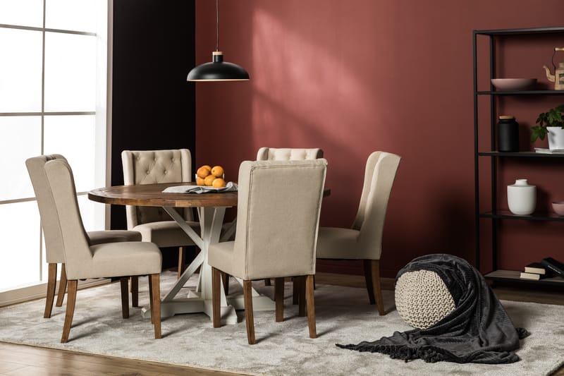 LIRE Matgrupp 150 Rund + 6 SELMA Stol Vintage Alm/Beige - Möbler - Matplats - Matgrupp & matbord med stolar