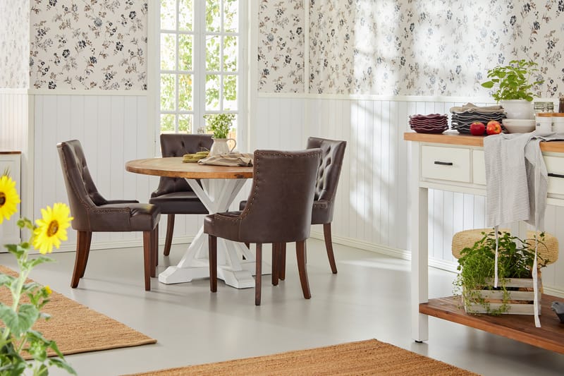LIRE Matgrupp Rund + 4 CARMINE Stol Trä/Vit/Svart PU - Möbler - Matplats - Matgrupp & matbord med stolar
