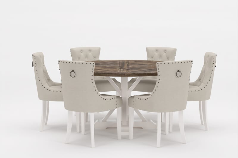LIRE Premium Matgrupp Rund 150 cm + 6 st Viktoria Matstolar - Vit/Brun - Matgrupp & matbord med stolar