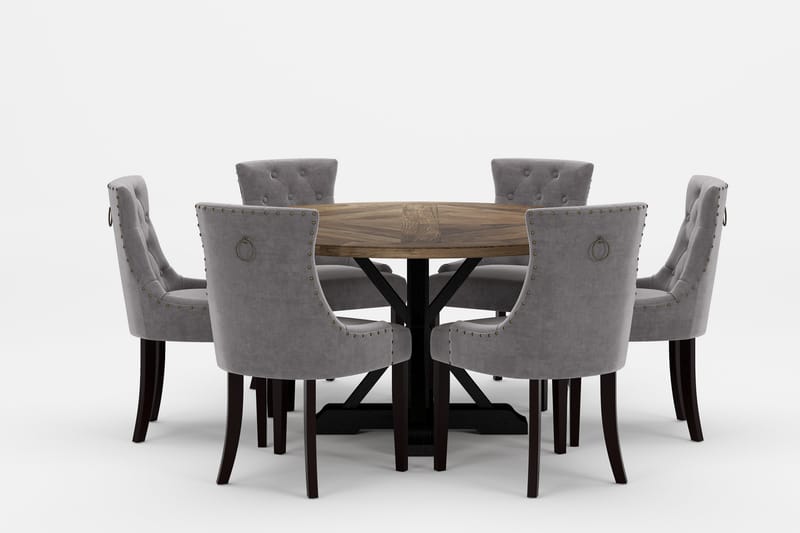 LIRE Premium Matgrupp Rund 150 cm + 6 st Viktoria Matstolar - Ljusgrå/Brun - Matgrupp & matbord med stolar