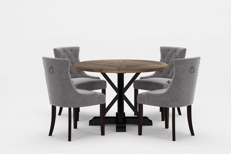 LIRE Premium Matgrupp Rund 120 cm + 4 st Viktoria Matstolar - Ljusgrå/Brun - Matgrupp & matbord med stolar