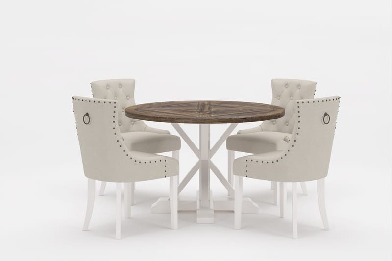 LIRE Premium Matgrupp Rund 120 cm + 4 st Viktoria Matstolar - Vit/Brun - Matgrupp & matbord med stolar
