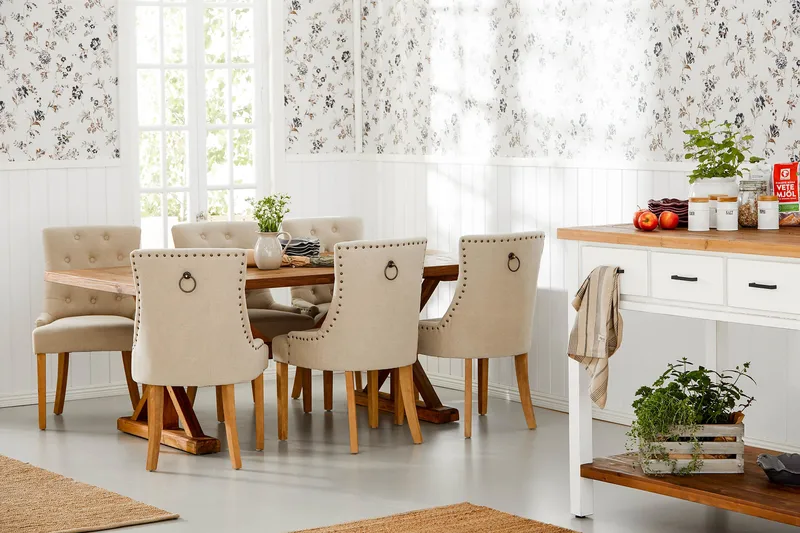 Lyon Förlängningsbar Matgrupp 200 cm med 6 Viktoria Fåtölj - Brunt Trä / Natur Beige - Möbler - Matplats - Matgrupp & matbord med stolar