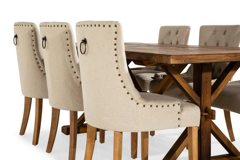 Lyon Förlängningsbar Matgrupp 200 cm med 6 Viktoria Fåtölj - Brunt Trä / Natur Beige - Möbler - Matplats - Matgrupp & matbord med stolar