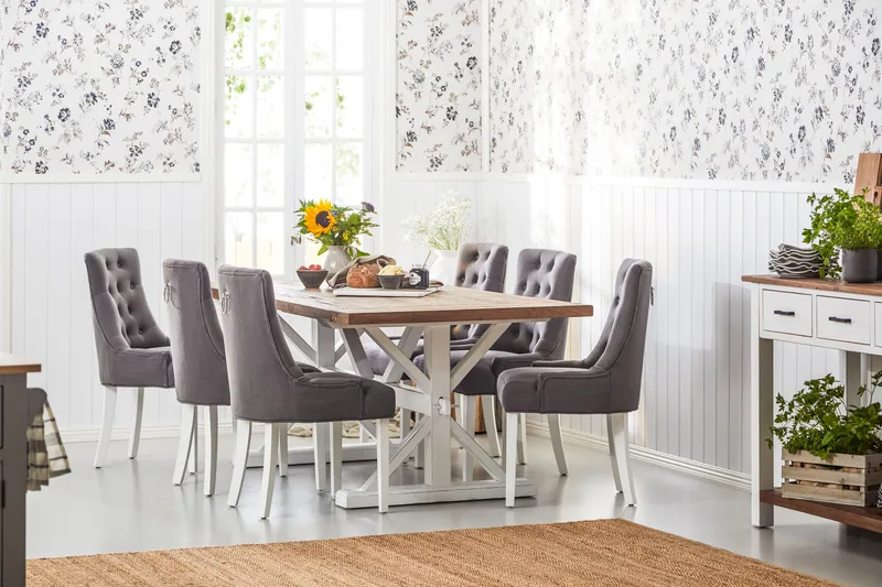 Lyon Förlängningsbar Matgrupp 200 cm med 6 Viktoria Stol - Natur/Vit/Grå - Möbler - Matplats - Matgrupp & matbord med stolar