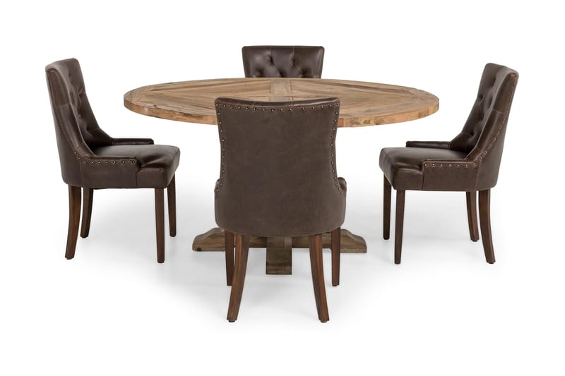Lyon Matgrupp 150 cm Rund med 4 Tuva Fåtölj - Vintage Alm/Brun PU - Möbler - Matplats - Matgrupp & matbord med stolar