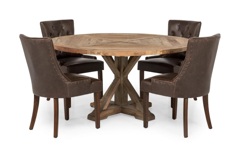 Lyon Matgrupp 150 cm Rund med 4 Tuva Fåtölj, Vintage Alm/Brun PU