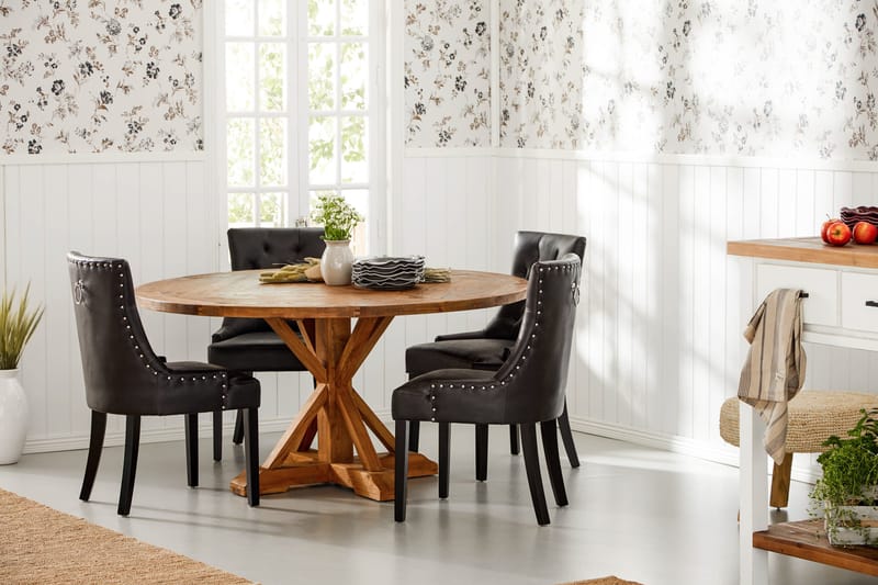 Lyon Matgrupp 150 cm Rund med 4 Tuva Fåtölj - Vintage Alm/Svart PU - Möbler - Matplats - Matgrupp & matbord med stolar