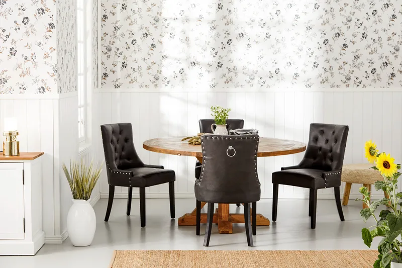 Lyon Matgrupp 150 cm Rund med 4 Tuva Fåtölj - Vintage Alm/Svart PU - Möbler - Matplats - Matgrupp & matbord med stolar