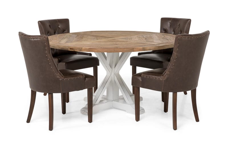 Lyon Matgrupp 150 cm Rund med 4 Tuva Fåtölj - Vintage Alm/Vit/Brun PU - Möbler - Matplats - Matgrupp & matbord med stolar