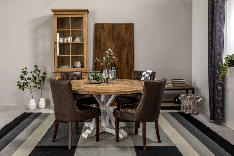 Lyon Matgrupp 150 cm Rund med 4 Tuva Fåtölj - Vintage Alm/Vit/Brun PU - Möbler - Matplats - Matgrupp & matbord med stolar