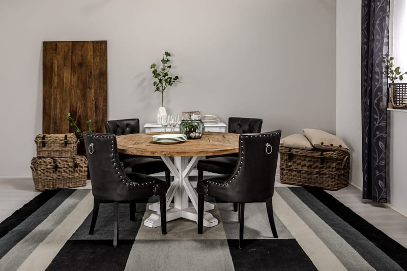 Lyon Matgrupp 150 cm Rund med 4 Tuva Fåtölj - Vintage Alm/Vit/Svart PU - Möbler - Matplats - Matgrupp & matbord med stolar