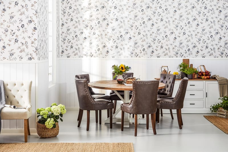 Lyon Matgrupp 150 cm Rund med 6 Tuva Fåtölj - Vintage Alm/Vit/Brun PU - Möbler - Matplats - Matgrupp & matbord med stolar