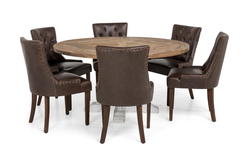 Lyon Matgrupp 150 cm Rund med 6 Tuva Fåtölj - Vintage Alm/Vit/Brun PU - Möbler - Matplats - Matgrupp & matbord med stolar