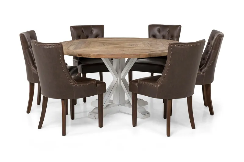 Lyon Matgrupp 150 cm Rund med 6 Tuva Fåtölj - Vintage Alm/Vit/Brun PU - Möbler - Matplats - Matgrupp & matbord med stolar