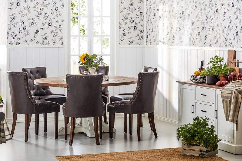 Lyon Matgrupp 150 cm Rund med 6 Tuva Fåtölj - Vintage Alm/Vit/Brun PU - Möbler - Matplats - Matgrupp & matbord med stolar