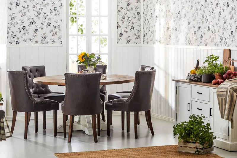 Lyon Matgrupp 150 cm Rund med 6 Tuva Fåtölj - Vintage Alm/Vit/Brun PU - Möbler - Matplats - Matgrupp & matbord med stolar